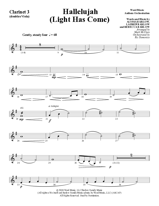 Hallelujah (Light Has Come) (Choral Anthem SATB) Clarinet 3 (Word Music Choral / Arr. Mark McClure)