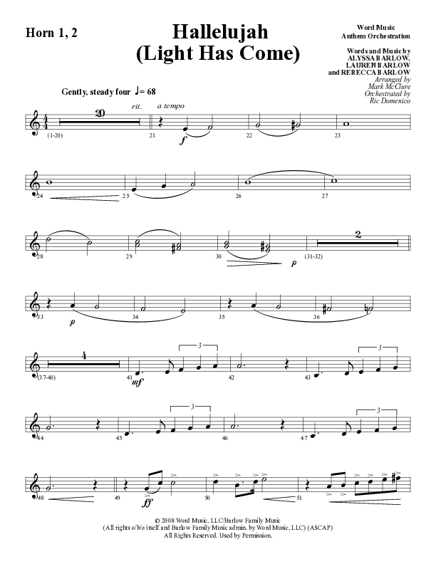 Hallelujah (Light Has Come) (Choral Anthem SATB) French Horn 1/2 (Word Music Choral / Arr. Mark McClure)