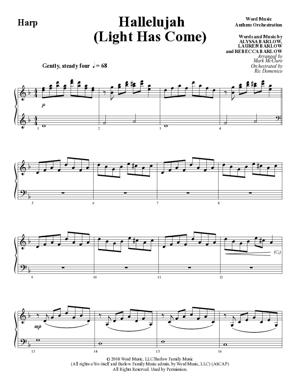 Hallelujah (Light Has Come) (Choral Anthem SATB) Harp (Word Music Choral / Arr. Mark McClure)