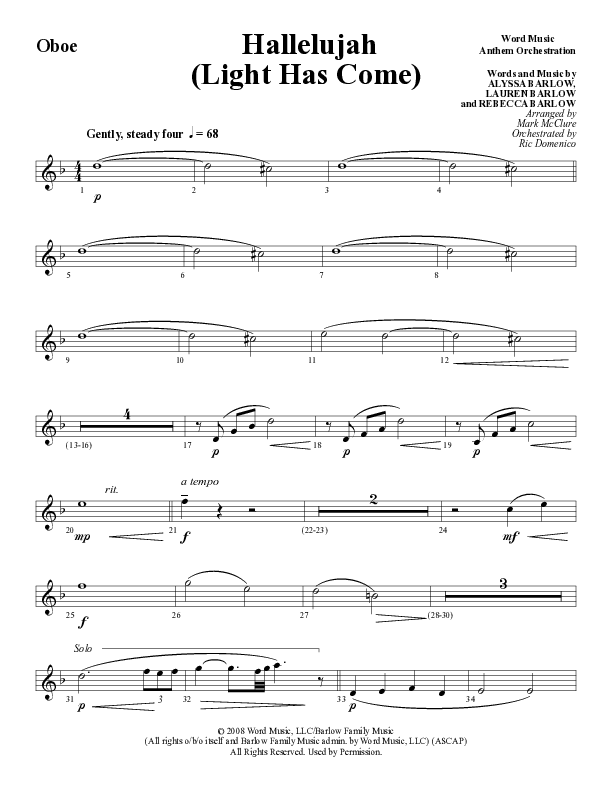Hallelujah (Light Has Come) (Choral Anthem SATB) Oboe (Word Music Choral / Arr. Mark McClure)