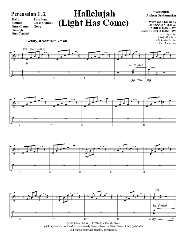 Hallelujah (Light Has Come) (Choral Anthem SATB) Percussion 1/2 (Word Music Choral / Arr. Mark McClure)