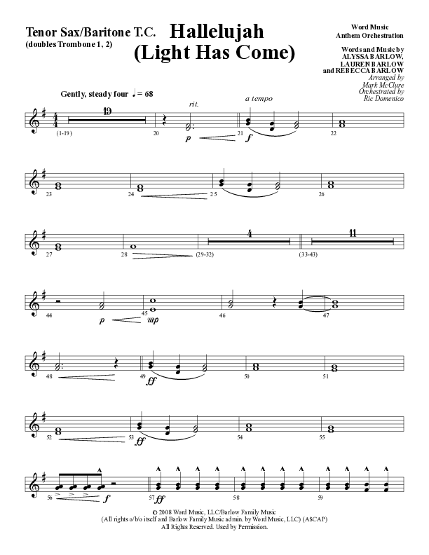 Hallelujah (Light Has Come) (Choral Anthem SATB) Tenor Sax/Baritone T.C. (Word Music Choral / Arr. Mark McClure)