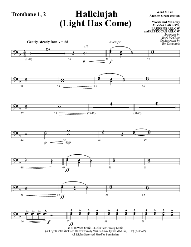 Hallelujah (Light Has Come) (Choral Anthem SATB) Trombone 1/2 (Word Music Choral / Arr. Mark McClure)