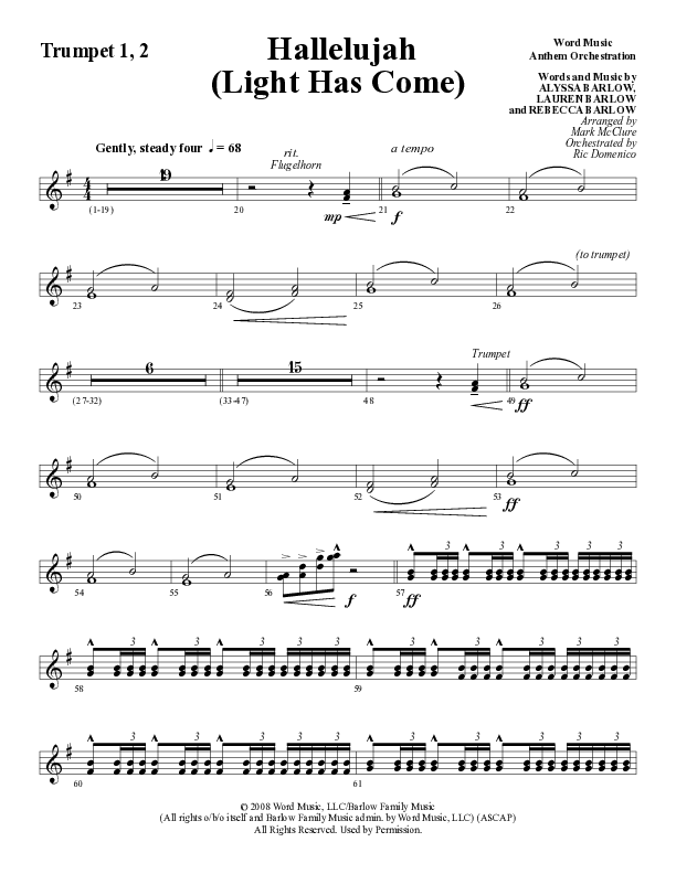 Hallelujah (Light Has Come) (Choral Anthem SATB) Trumpet 1,2 (Word Music Choral / Arr. Mark McClure)