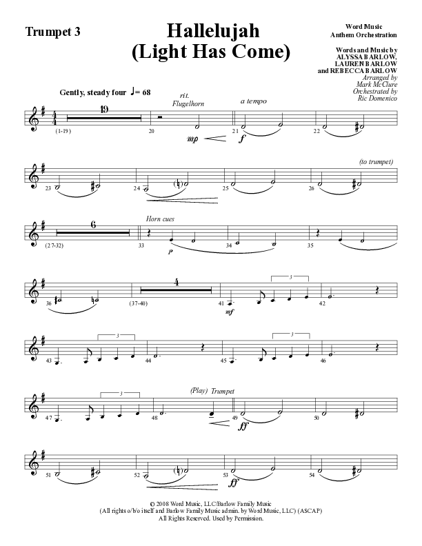 Hallelujah (Light Has Come) (Choral Anthem SATB) Trumpet 3 (Word Music Choral / Arr. Mark McClure)