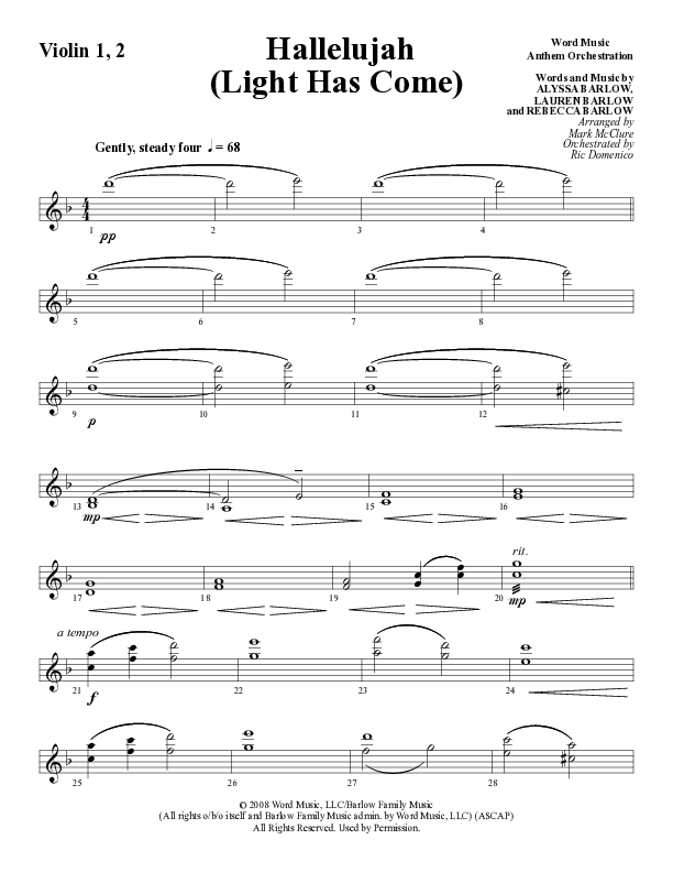 Hallelujah (Light Has Come) (Choral Anthem SATB) Violin 1/2 (Word Music Choral / Arr. Mark McClure)