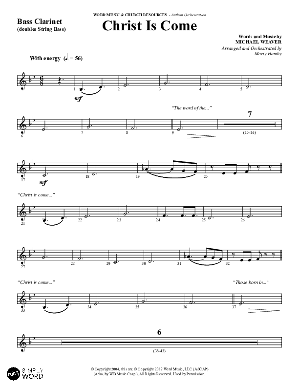 Christ Is Come (Choral Anthem SATB) Bass Clarinet (Word Music Choral / Arr. Marty Hamby)