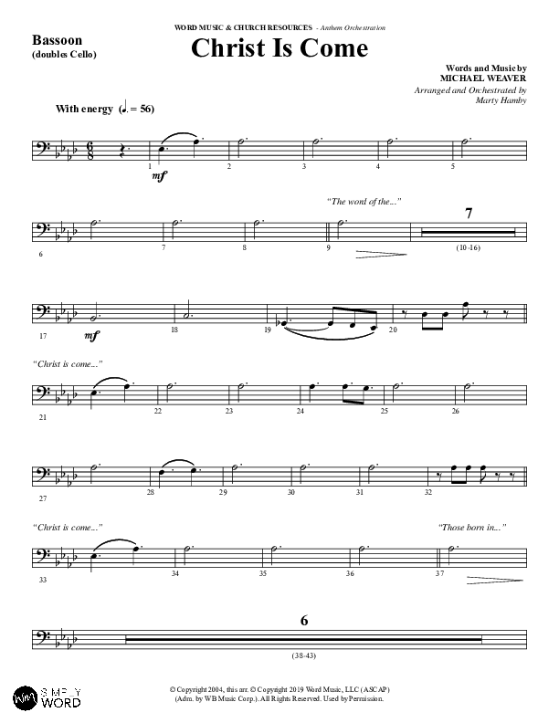 Christ Is Come (Choral Anthem SATB) Bassoon (Word Music Choral / Arr. Marty Hamby)