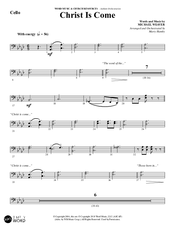 Christ Is Come (Choral Anthem SATB) Cello (Word Music Choral / Arr. Marty Hamby)