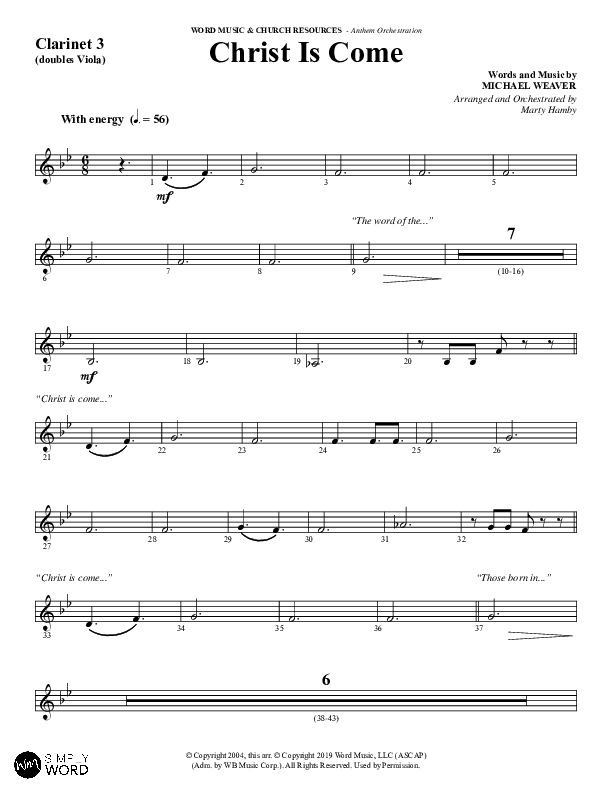 Christ Is Come (Choral Anthem SATB) Clarinet 3 (Word Music Choral / Arr. Marty Hamby)
