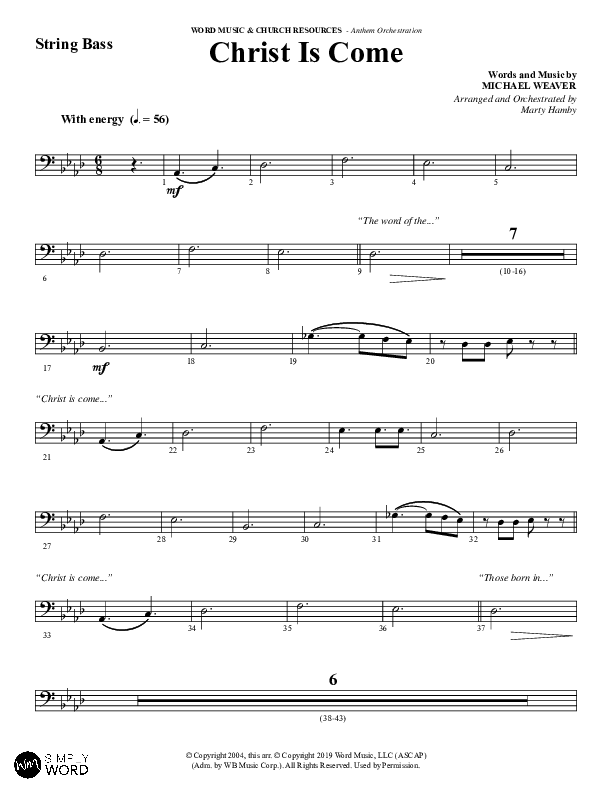 Christ Is Come (Choral Anthem SATB) Double Bass (Word Music Choral / Arr. Marty Hamby)