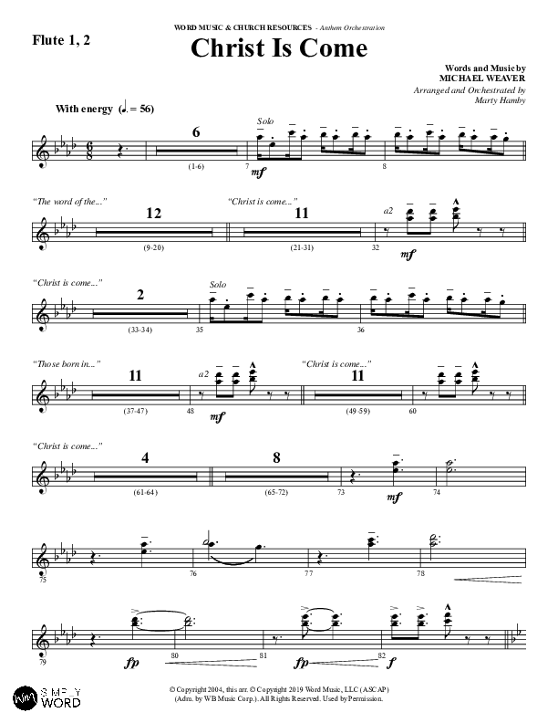 Christ Is Come (Choral Anthem SATB) Flute 1/2 (Word Music Choral / Arr. Marty Hamby)