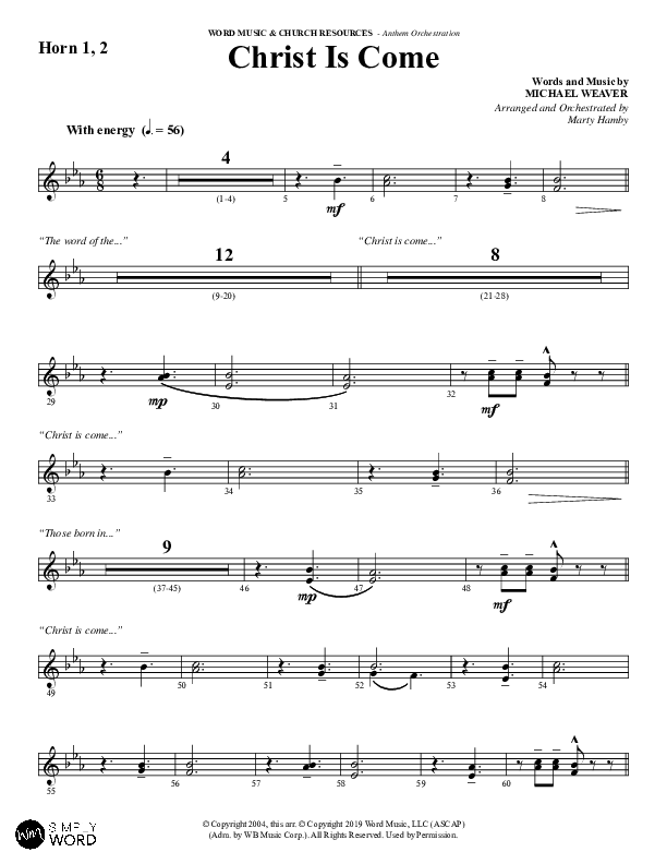 Christ Is Come (Choral Anthem SATB) French Horn 1/2 (Word Music Choral / Arr. Marty Hamby)