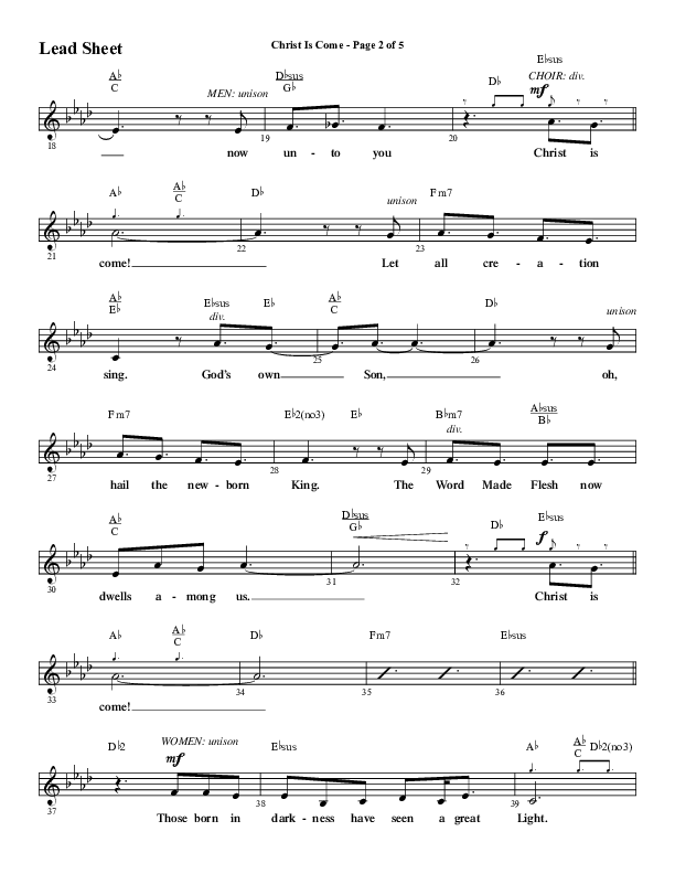Christ Is Come (Choral Anthem SATB) Lead Sheet (Melody) (Word Music Choral / Arr. Marty Hamby)