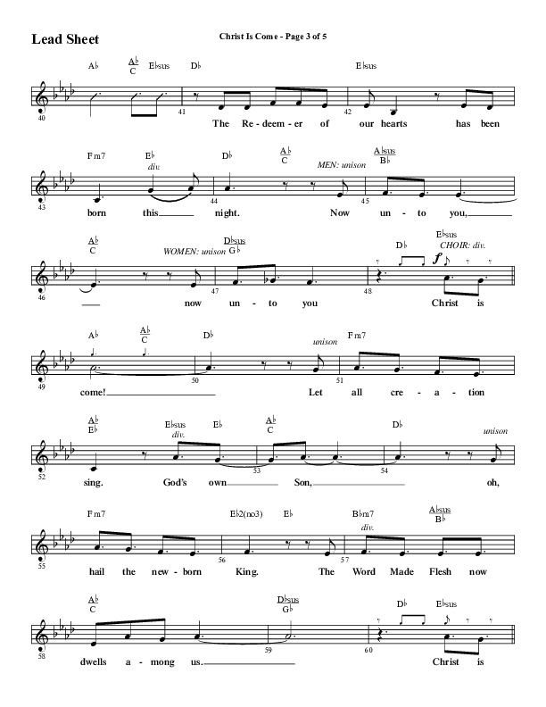 Christ Is Come (Choral Anthem SATB) Lead Sheet (Melody) (Word Music Choral / Arr. Marty Hamby)