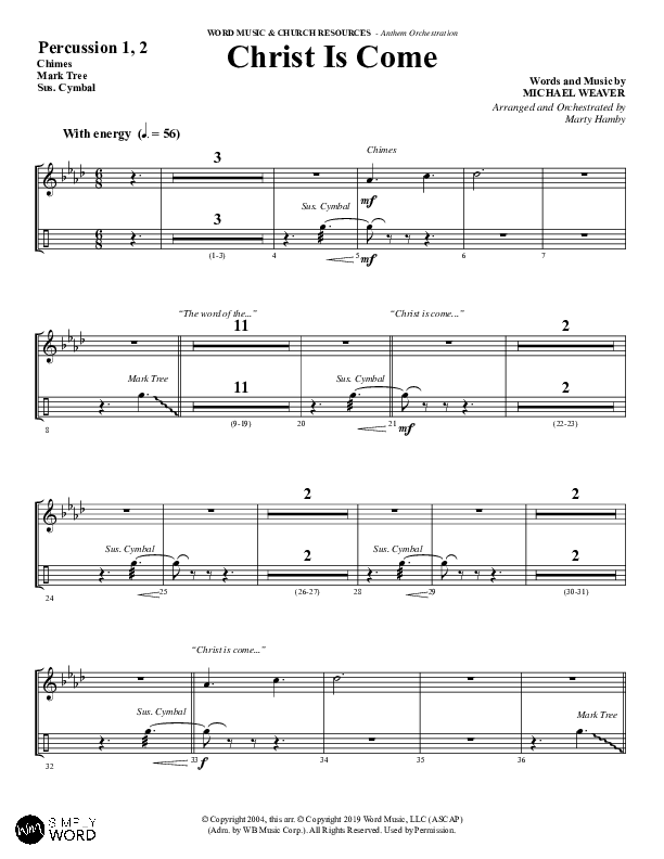 Christ Is Come (Choral Anthem SATB) Percussion 1/2 (Word Music Choral / Arr. Marty Hamby)