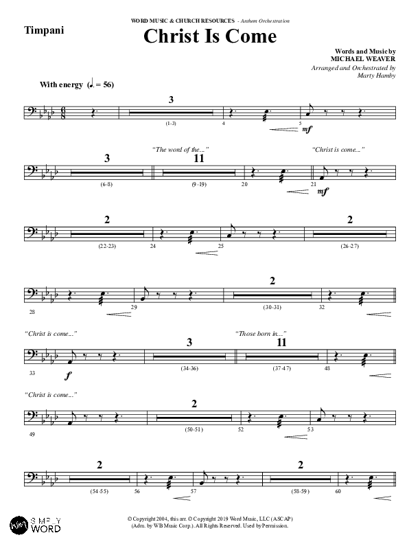 Christ Is Come (Choral Anthem SATB) Timpani (Word Music Choral / Arr. Marty Hamby)