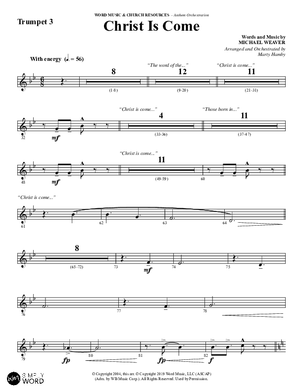 Christ Is Come (Choral Anthem SATB) Trumpet 3 (Word Music Choral / Arr. Marty Hamby)