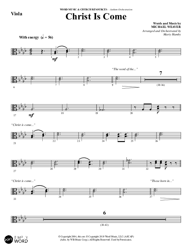 Christ Is Come (Choral Anthem SATB) Viola (Word Music Choral / Arr. Marty Hamby)