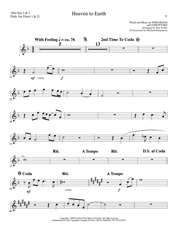 Heaven To Earth (Choral Anthem SATB) Alto Sax 1/2 (Lillenas Choral / Arr. Tom Fettke / Orch. Richard Kingsmore)