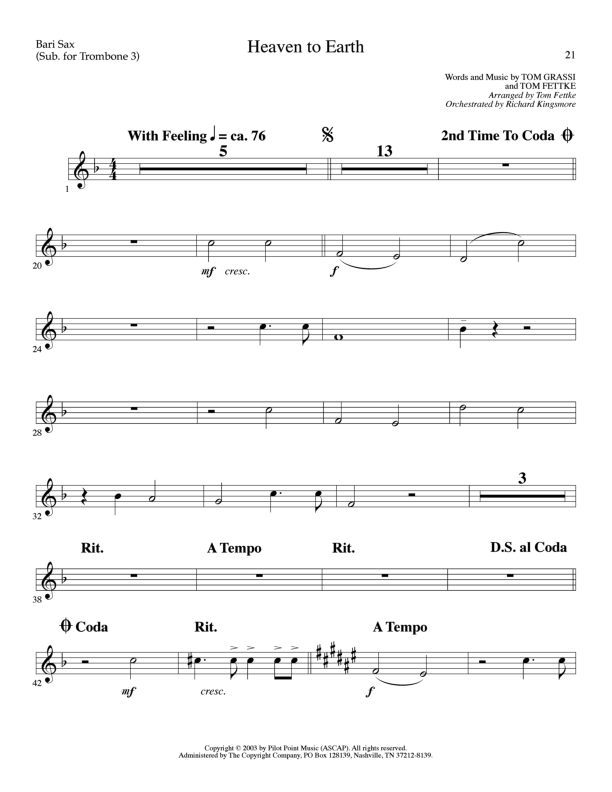 Heaven To Earth (Choral Anthem SATB) Bari Sax (Lillenas Choral / Arr. Tom Fettke / Orch. Richard Kingsmore)