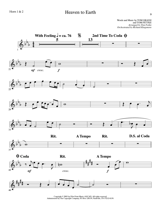 Heaven To Earth (Choral Anthem SATB) French Horn 1/2 (Lillenas Choral / Arr. Tom Fettke / Orch. Richard Kingsmore)