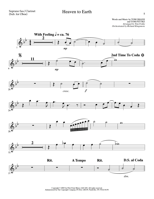 Heaven To Earth (Choral Anthem SATB) Soprano Sax (Lillenas Choral / Arr. Tom Fettke / Orch. Richard Kingsmore)