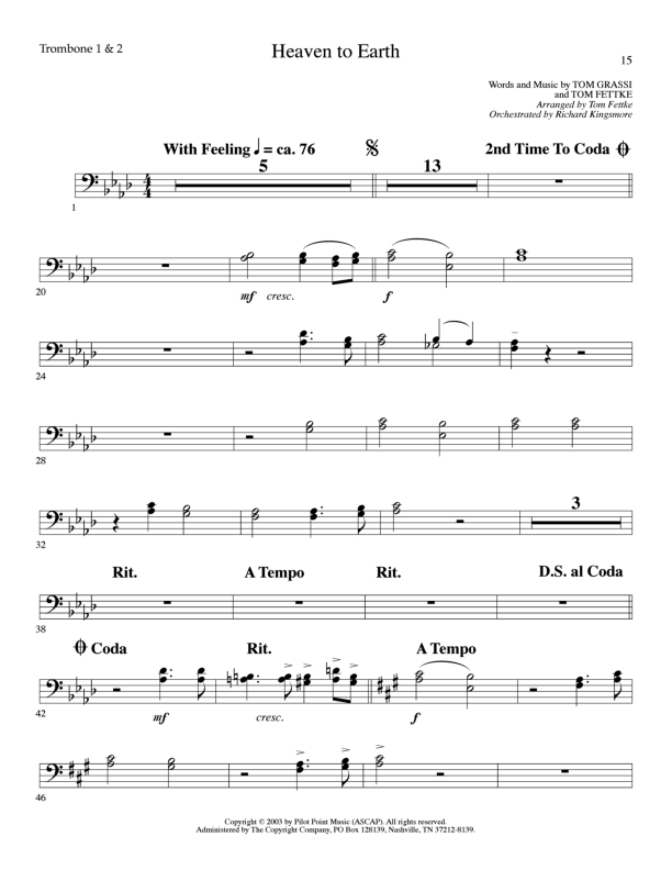 Heaven To Earth (Choral Anthem SATB) Trombone 1/2 (Lillenas Choral / Arr. Tom Fettke / Orch. Richard Kingsmore)