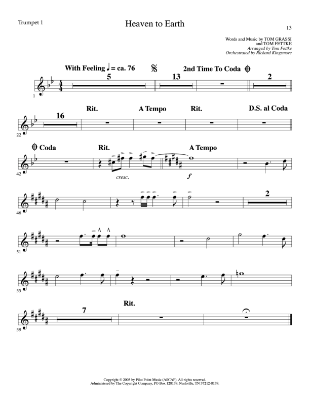 Heaven To Earth (Choral Anthem SATB) Trumpet 1 (Lillenas Choral / Arr. Tom Fettke / Orch. Richard Kingsmore)