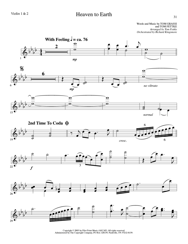 Heaven To Earth (Choral Anthem SATB) Violin 1/2 (Lillenas Choral / Arr. Tom Fettke / Orch. Richard Kingsmore)