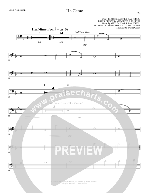 He Came (Choral Anthem SATB) Cello (Lillenas Choral / Arr. Brian Duncan)