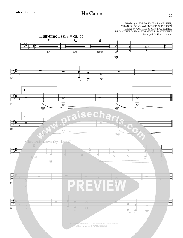 He Came (Choral Anthem SATB) Trombone 3/Tuba (Lillenas Choral / Arr. Brian Duncan)