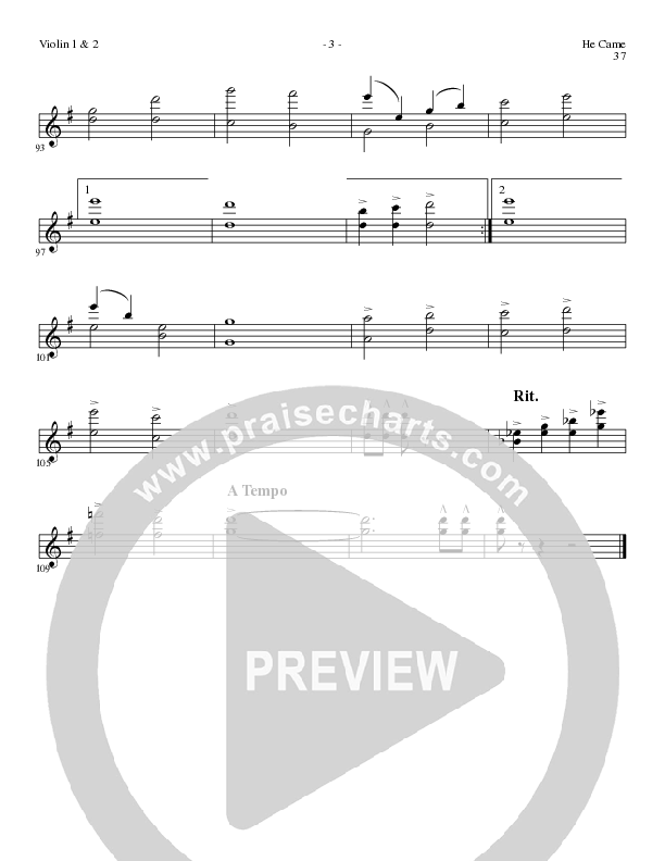 He Came (Choral Anthem SATB) Violin 1/2 (Lillenas Choral / Arr. Brian Duncan)