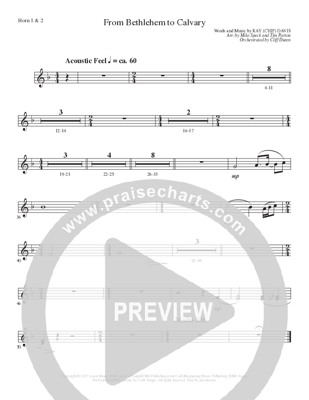 From Bethlehem To Calvary (Choral Anthem SATB) French Horn 1/2 (Lillenas Choral / Arr. Mike Speck / Arr. Tim Parton)