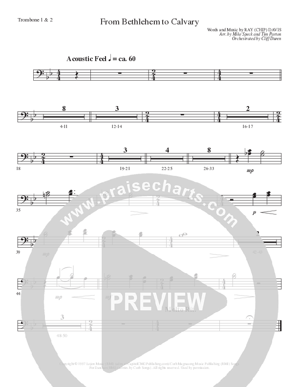 From Bethlehem To Calvary (Choral Anthem SATB) Trombone 1/2 (Lillenas Choral / Arr. Mike Speck / Arr. Tim Parton)