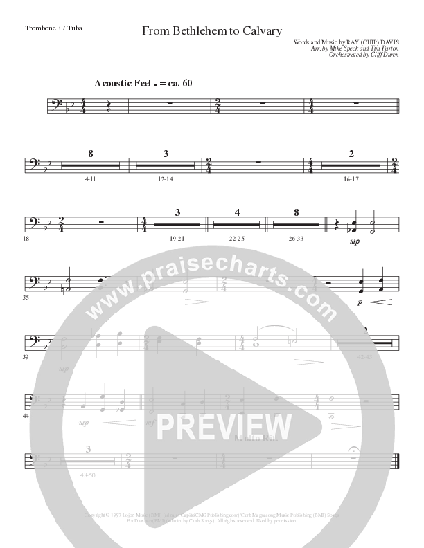 From Bethlehem To Calvary (Choral Anthem SATB) Trombone 3/Tuba (Lillenas Choral / Arr. Mike Speck / Arr. Tim Parton)