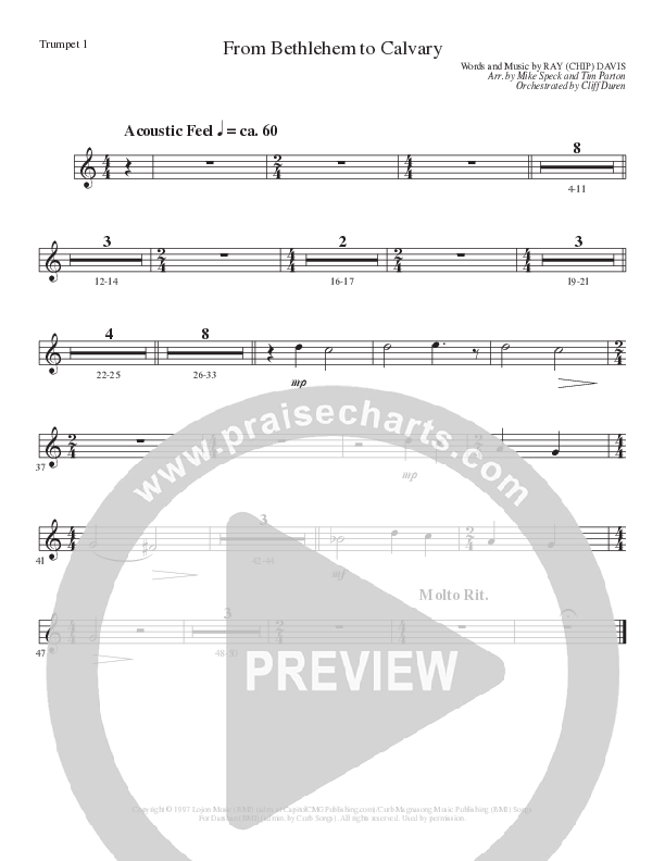 From Bethlehem To Calvary (Choral Anthem SATB) Trumpet 1 (Lillenas Choral / Arr. Mike Speck / Arr. Tim Parton)