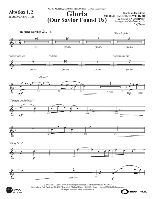 Gloria (Our Savior Found Us) (Choral Anthem SATB) Alto Sax 1/2 (Word Music Choral / Arr. Cliff Duren)