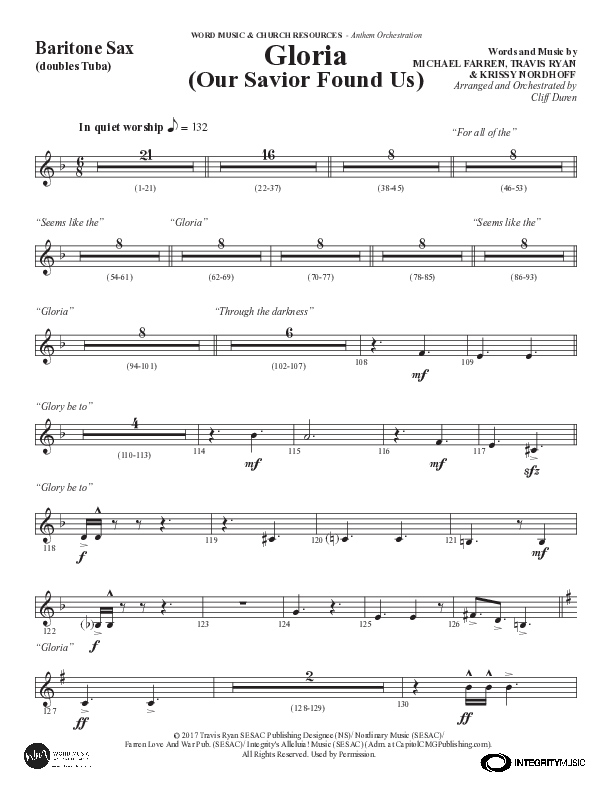 Gloria (Our Savior Found Us) (Choral Anthem SATB) Bari Sax (Word Music Choral / Arr. Cliff Duren)