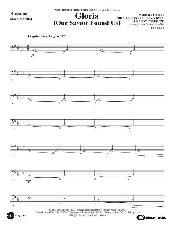 Gloria (Our Savior Found Us) (Choral Anthem SATB) Bassoon (Word Music Choral / Arr. Cliff Duren)