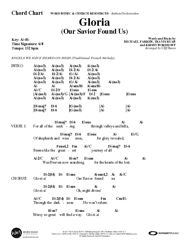 Gloria (Our Savior Found Us) (Choral Anthem SATB) Chord Chart (Word Music Choral / Arr. Cliff Duren)