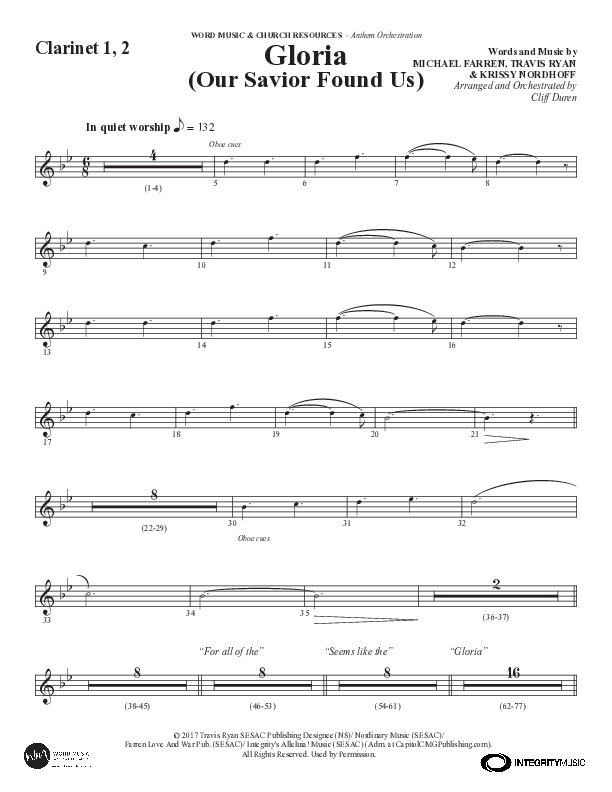 Gloria (Our Savior Found Us) (Choral Anthem SATB) Clarinet 1/2 (Word Music Choral / Arr. Cliff Duren)