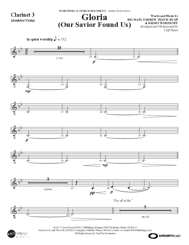 Gloria (Our Savior Found Us) (Choral Anthem SATB) Clarinet 3 (Word Music Choral / Arr. Cliff Duren)