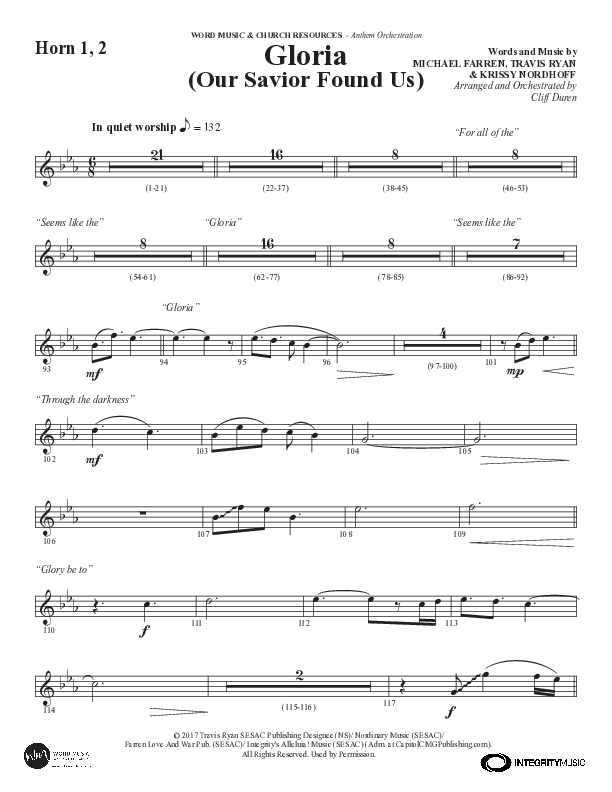 Gloria (Our Savior Found Us) (Choral Anthem SATB) French Horn 1/2 (Word Music Choral / Arr. Cliff Duren)