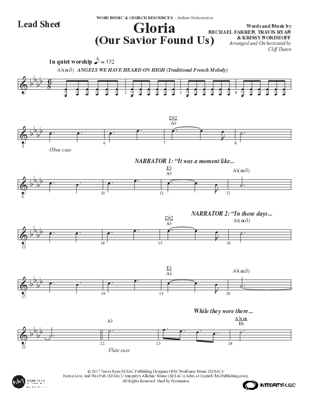 Gloria (Our Savior Found Us) (Choral Anthem SATB) Lead Sheet (Melody) (Word Music Choral / Arr. Cliff Duren)