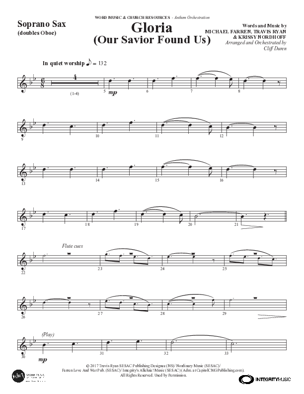 Gloria (Our Savior Found Us) (Choral Anthem SATB) Soprano Sax (Word Music Choral / Arr. Cliff Duren)