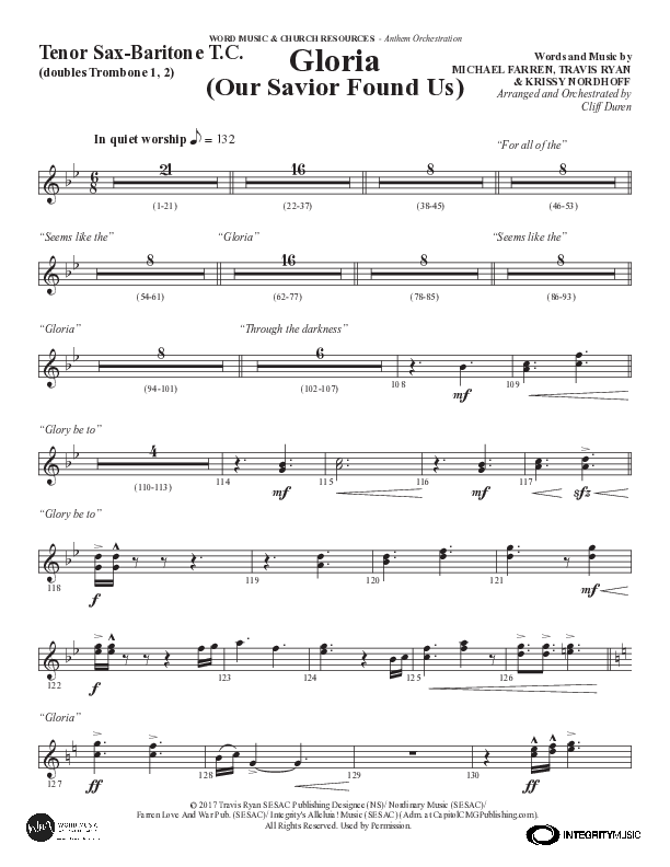 Gloria (Our Savior Found Us) (Choral Anthem SATB) Tenor Sax/Baritone T.C. (Word Music Choral / Arr. Cliff Duren)