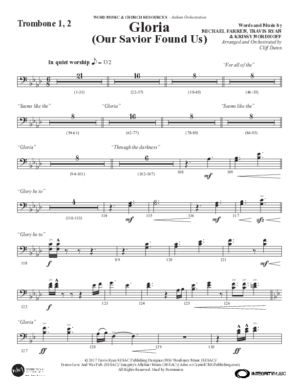 Gloria (Our Savior Found Us) (Choral Anthem SATB) Trombone 1/2 (Word Music Choral / Arr. Cliff Duren)