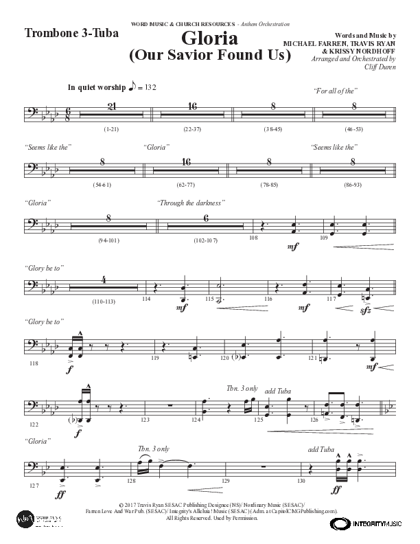 Gloria (Our Savior Found Us) (Choral Anthem SATB) Trombone 3/Tuba (Word Music Choral / Arr. Cliff Duren)