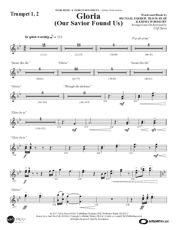 Gloria (Our Savior Found Us) (Choral Anthem SATB) Trumpet 1,2 (Word Music Choral / Arr. Cliff Duren)